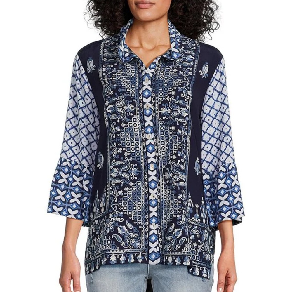 John Mark Woven Embroidered Tie Dye Print Wire Collar 3/4 Sleeve Button Tunic - Picture 1 of 16